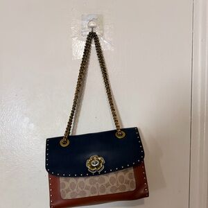 Coach Navy and Tan Shoulder Bag with Gold Accents